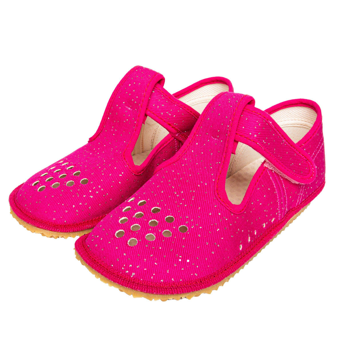 Barefoot textil barntofflor med kardborreband Beda rosa