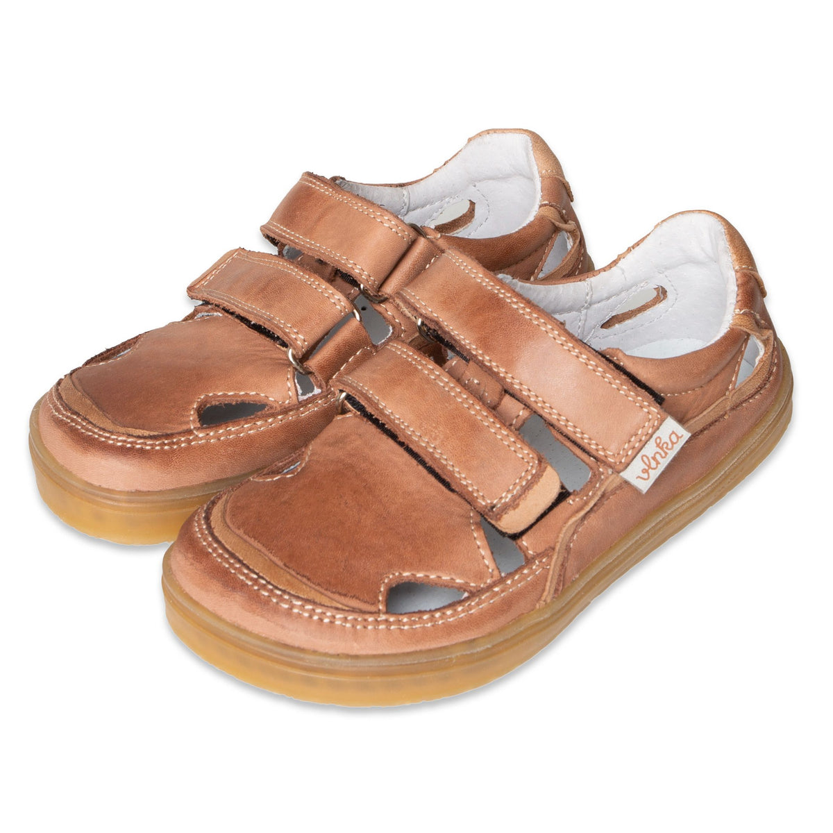 Barfota läder barnsneakers med kardborreband Oly brun