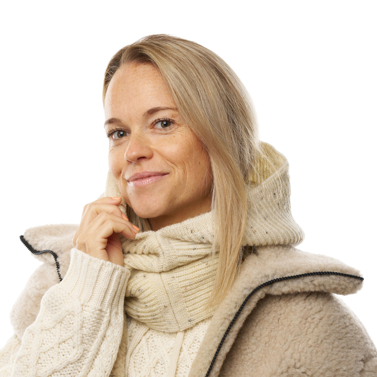 Merinoullshalsvärmare med huva naturfärgad