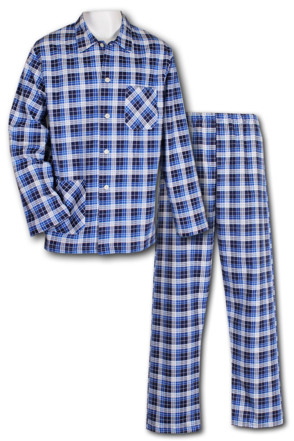 Herr flanellpyjamas med lång ärm rutig blåvit