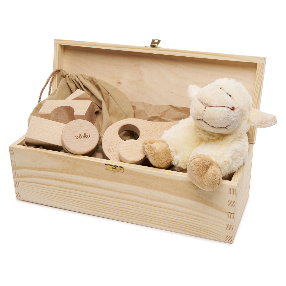 Presentkit träleksaker med fårkudde