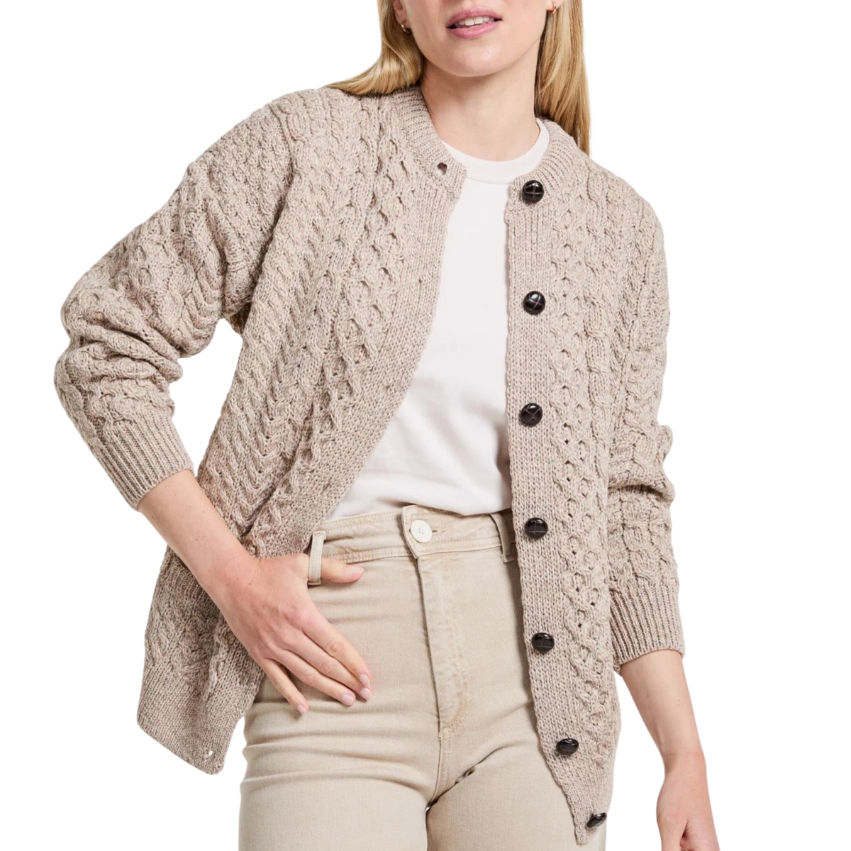 Dam merinoullkofta med knappar beige