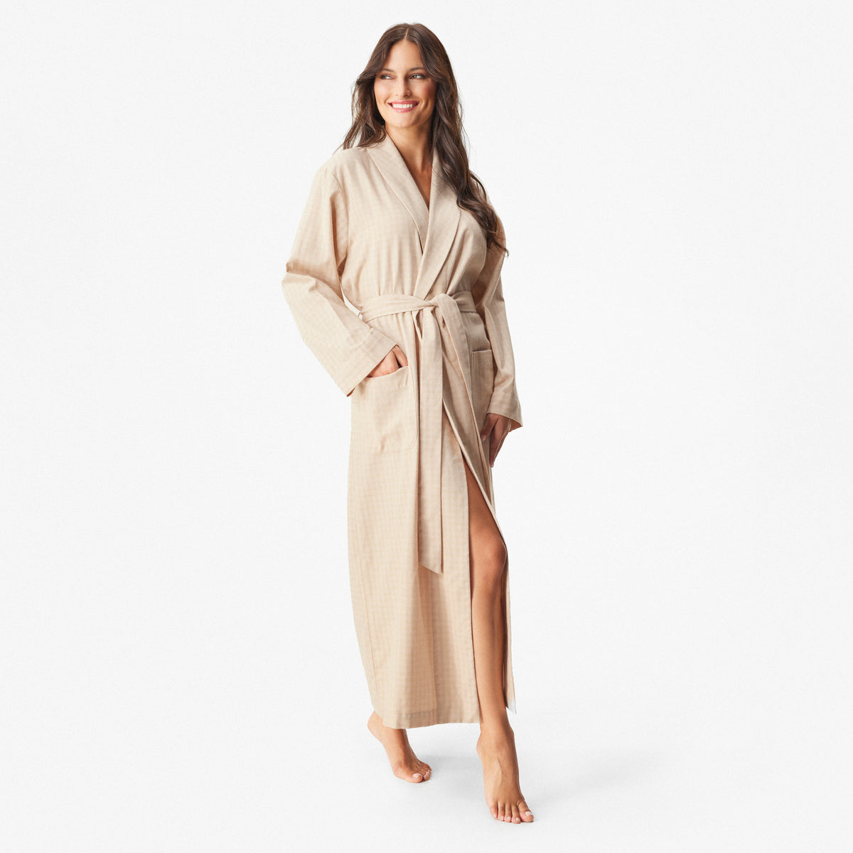Damflanellrock med merinoull rand beige
