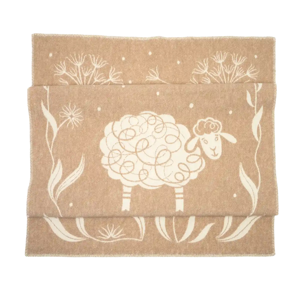 Merinoullpläd med får beige
