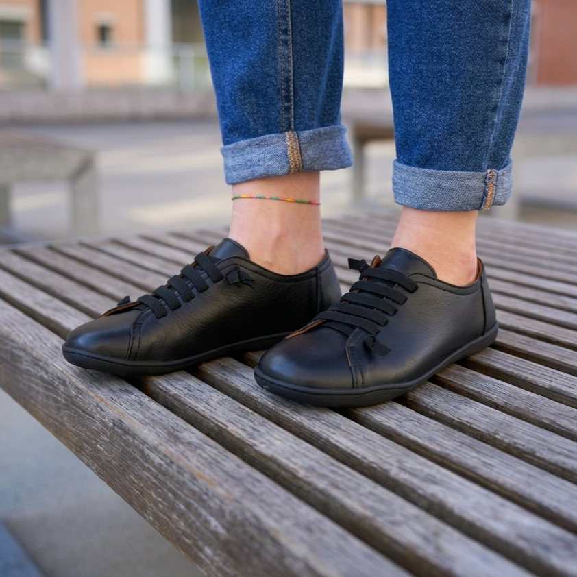 Barfota damsneakers i läder med resår Onyx svart