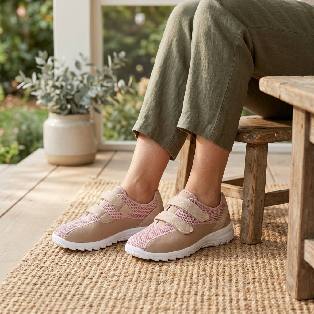 Andningsbara gel damsneakers med kardborreband beige-rosa