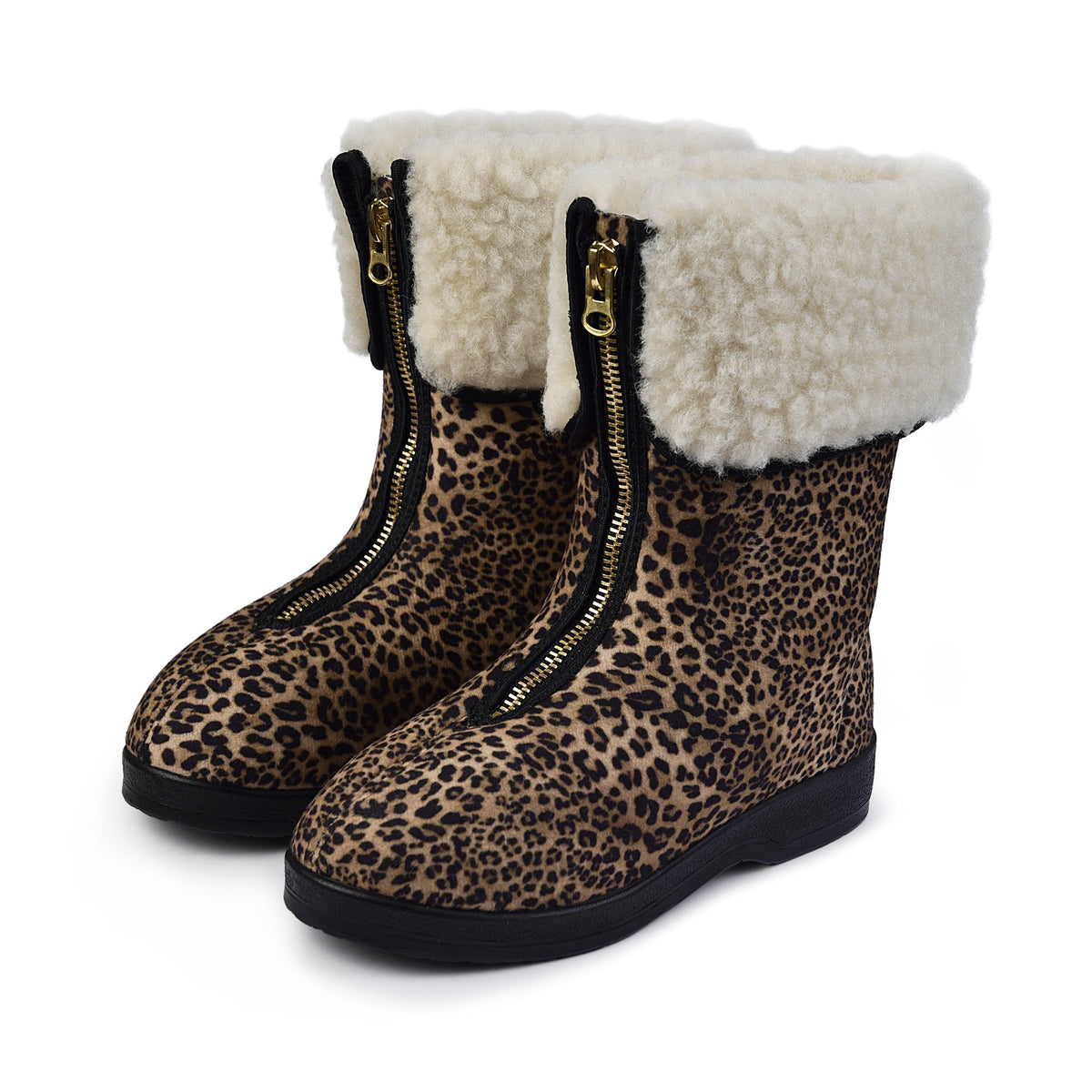 Damfårullstofflor med dragkedja och krage leopard