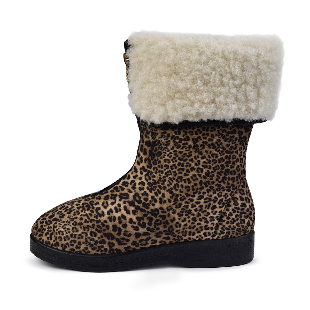 Damfårullstofflor med dragkedja och krage leopard