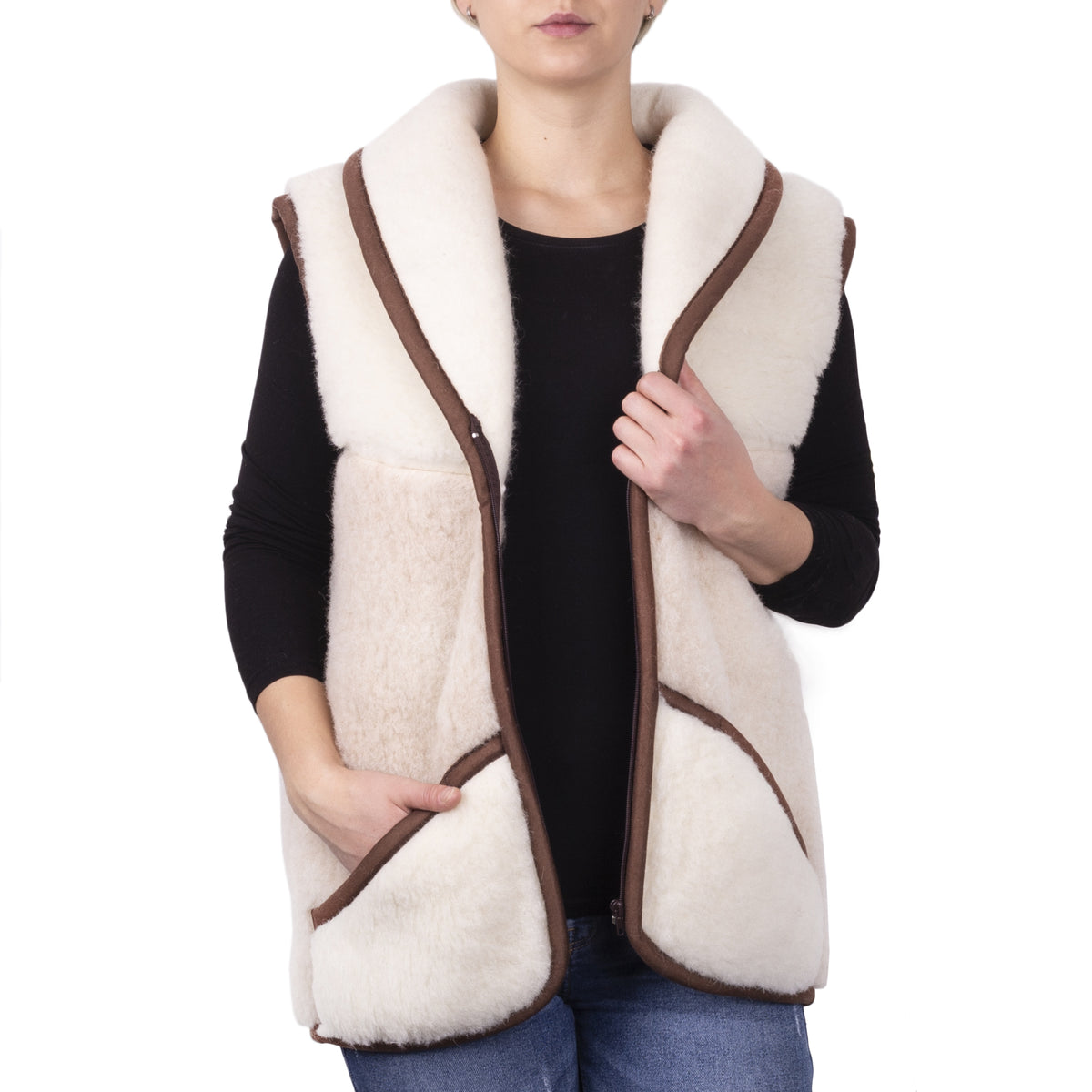 Merinoullsväst med krage tvåfärgad beige