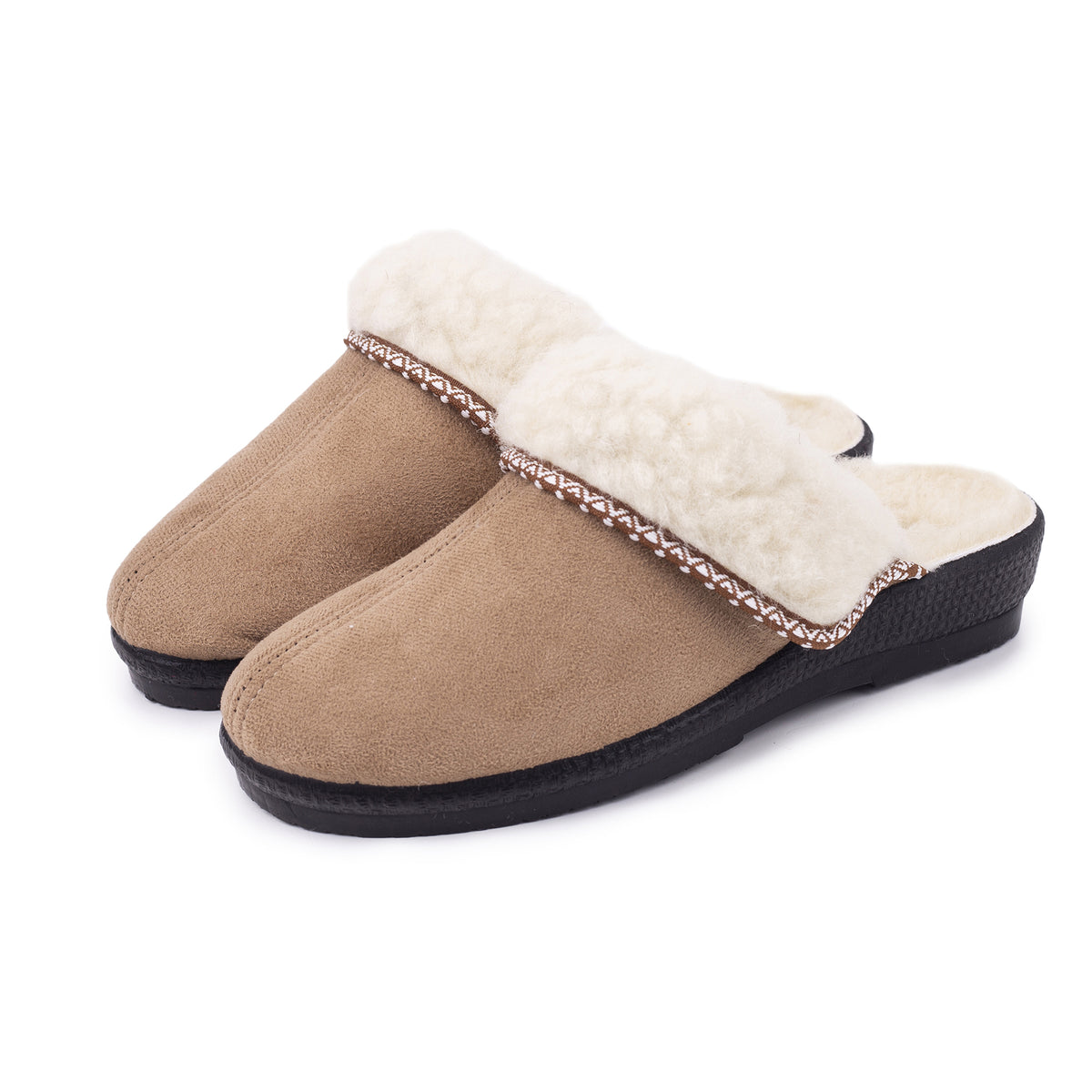 Damtofflor med kilklack med fårull beige