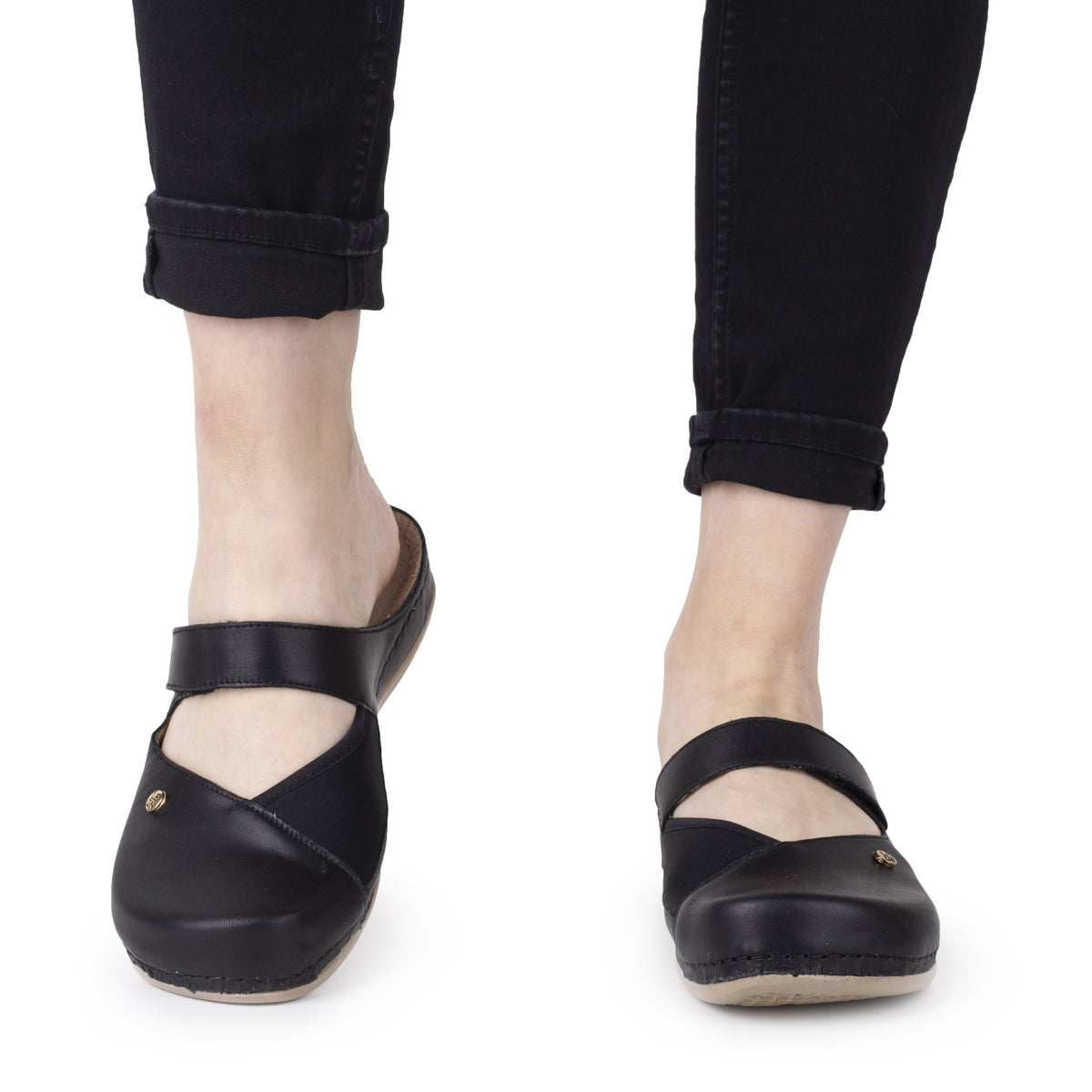 Damslip-in-tofflor i läder för hallux valgus Leontyna svart