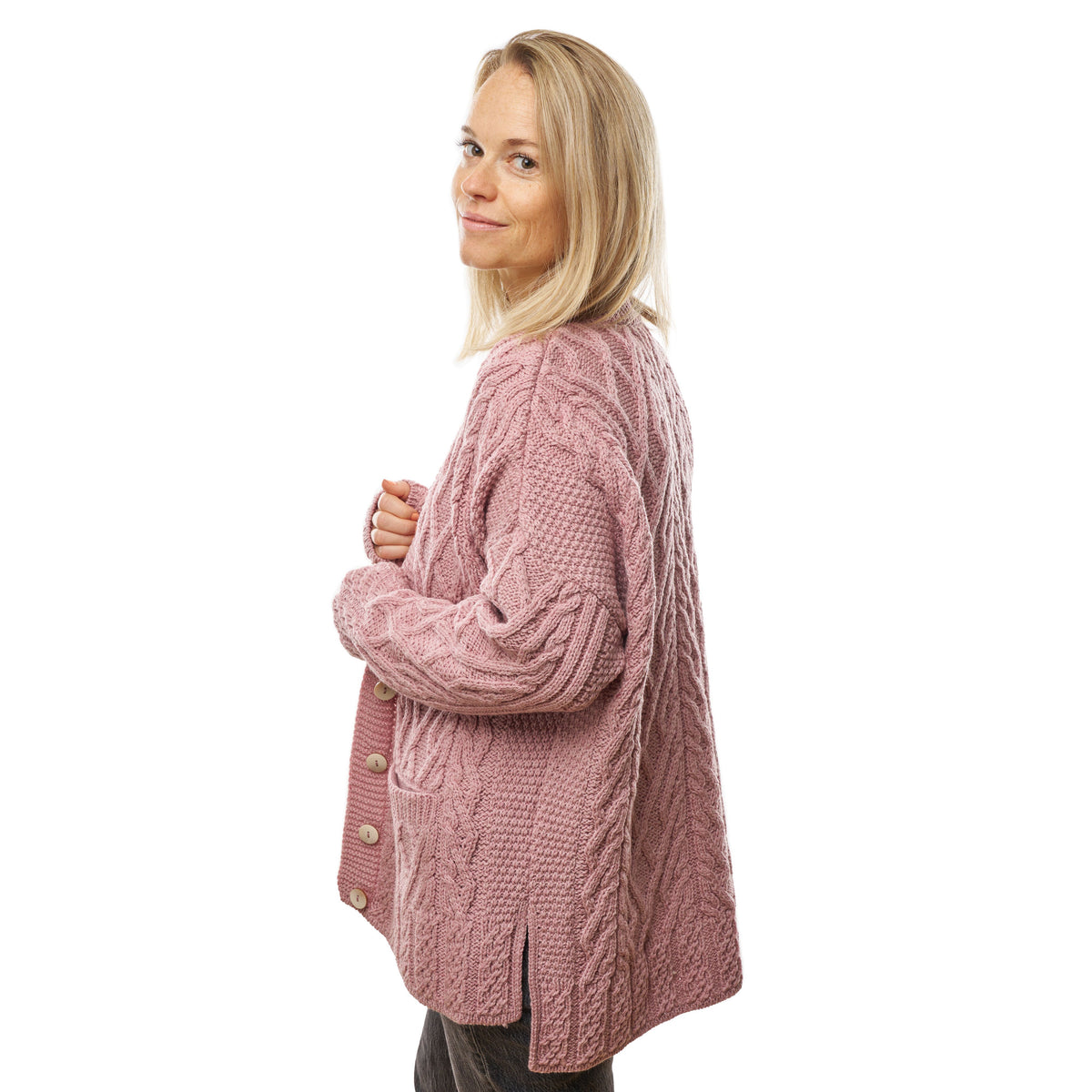 Damullkardigan med knappar supersoft merinoull rosa